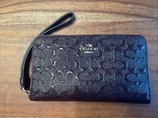 Coach Corner Zip Wristlet Signature C Embossed Patent Leather Oxblood Brown
