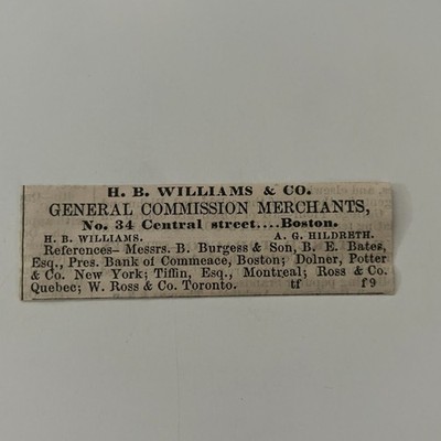 H. B. Williams & Co. General Commission Merchants 1860 Boston Clipping TAJ7-S39