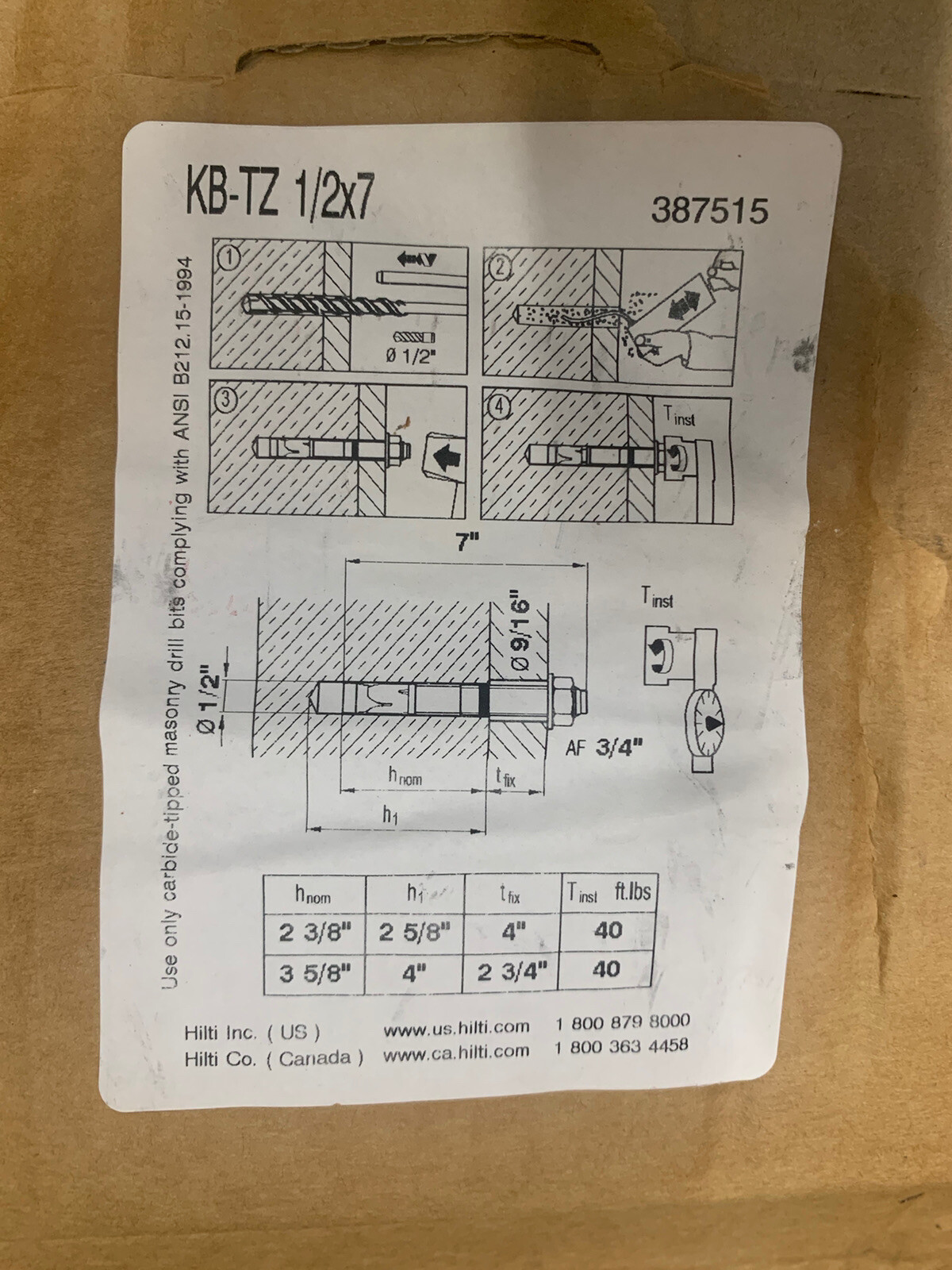 Lot Of 18 Hilti 387515 Expansion Anchors Kwik Bolt KBTZ 1/2" x 7" eBay