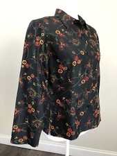 Vtg Silkland Women  s Jacket Blazer Black Floral 100 Silk Embroidered LS Sz 8P