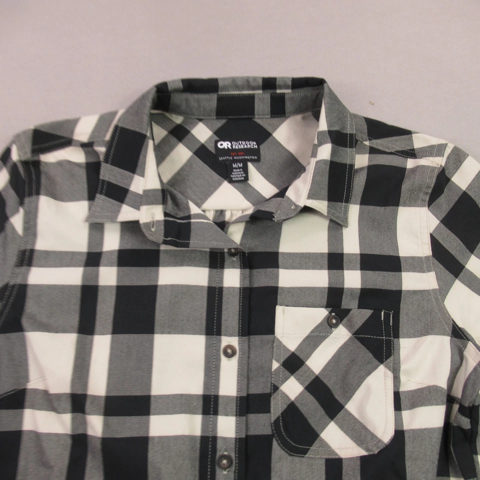 Camisa de investigación al aire libre para mujer manga media larga bolsillos a cuadros botones delanteros Foto 2 de 4