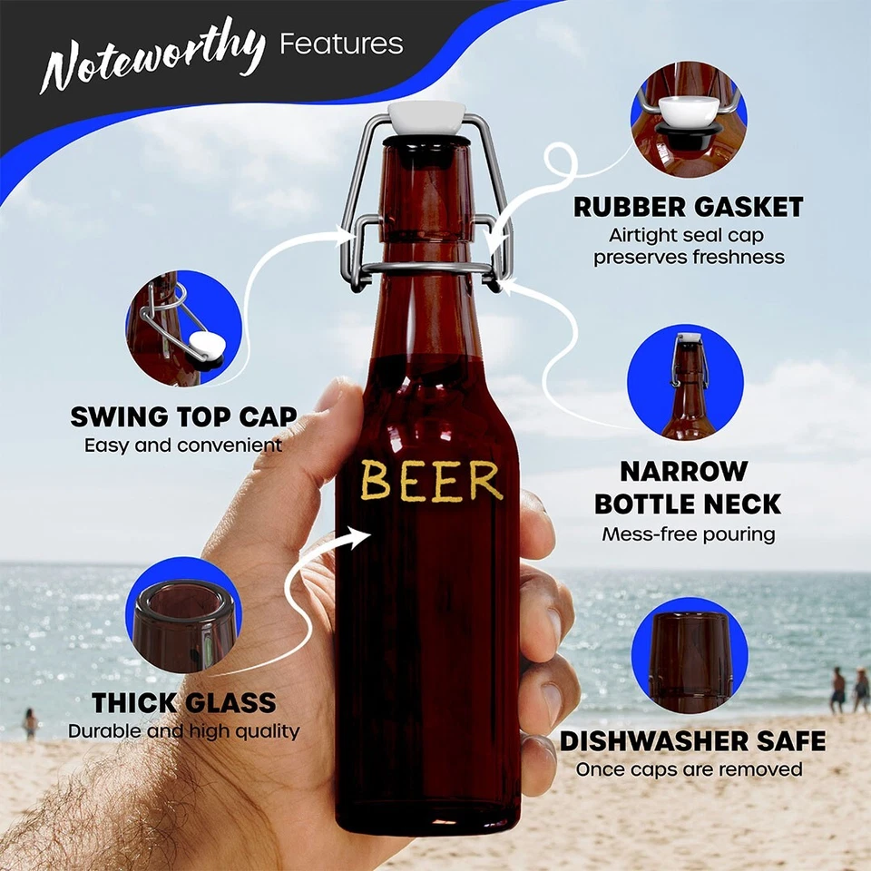 Nevlers 8.5 oz Amber Swing Top Glass Beer Bottles (Pack of 18) - Image 2 of 4