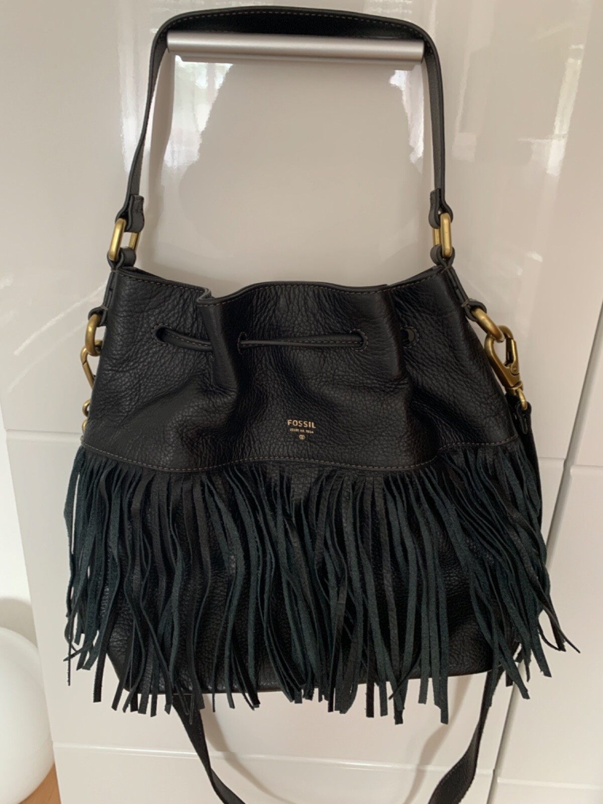 Fossil Tasche, Fransen echt Leder, schwarz wie NEU! eBay