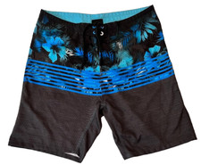 Burnside Men's Size 32 Swim Trunks With Wax Comb Black  Blue Hawaiian Surfer