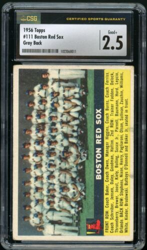 TED WILLIAMS 1956 Topps #111 Boston Red Sox Team Card Grigia Schiena CSG 2,5 Buona+ - Foto 1 di 2