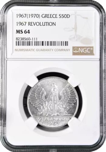 Greece 50 drachmai 1967, NGC MS64, "The coup d'état of 21 April" silver coin