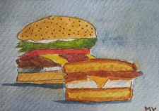 ACEO Original -2 Burgers - Watercolor 2.5 x 3.5 Signed