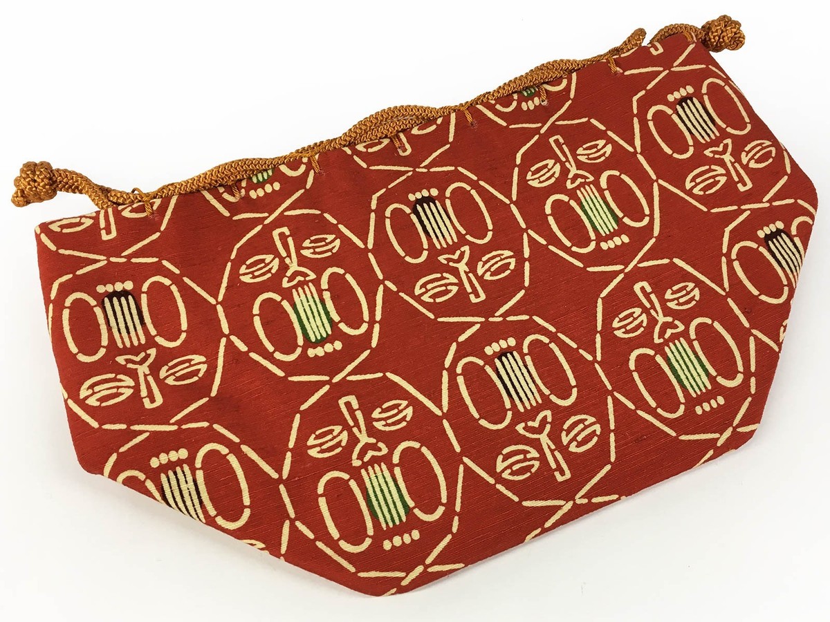 VTG Japanese Kinchaku Draw-String Bag Red Mingie Print Rough-Woven