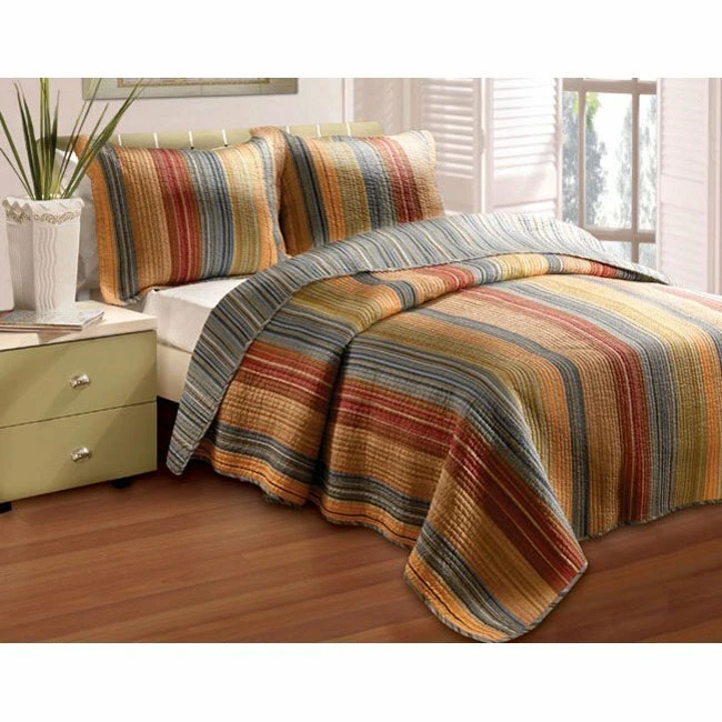 BEAUTIFUL MODERN STRIPE BLUE GREEN BROWN GREY ORANGE RUST RED CABIN QUILT SET - Image 2 of 4