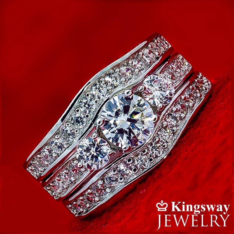ENGAGEMENT WEDDING RINGS SET 3 piece 925 Sterling Silver Simulated Diamond Rings