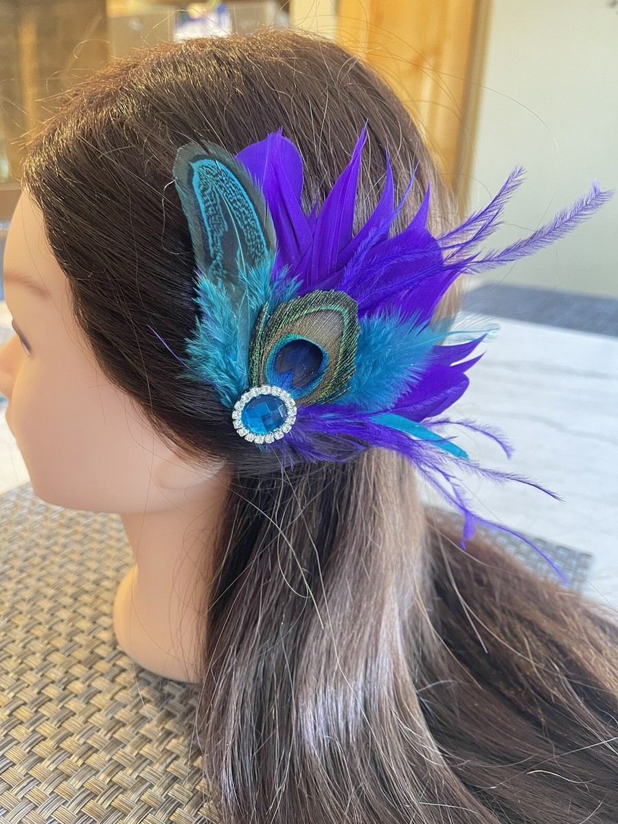 Fascinator feather clip natural peacock bridal Teal blue  display picture 3