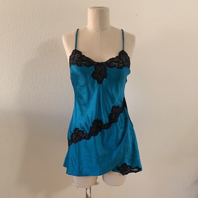 Vintage Victoria's Secret Teal Black Lace Chemise Nightgown Gold