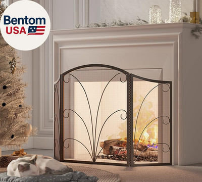 3-Panel Arched Fireplace Screen Decorative, Handcrafted Scroll Wrought Iron Fire