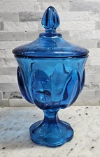 Vintage LE Smith Glass Blue 8.5" Footed Covered Lidded Candy Dish Compote