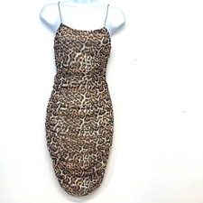 Almost Famous Leopard Print Ruched Bodycon Mini Dress Strappy Back Brown Medium