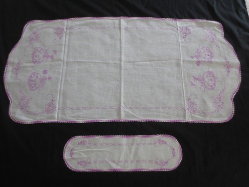 2 Vtg Handmade GIRL W/UMBRELLA & FLORAL Cotton CROSS STITCH EMBROIDERED RUNNERS