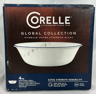 New In Box Corelle Global Collection Vitrelle Glass 18oz Soup/Cereal Bowls 4 PC