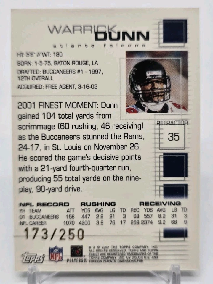 2002 Topps Finest Football WARRICK DUNN Refractor /250 Atlanta Falcons #35 NFL - Image 3 of 4