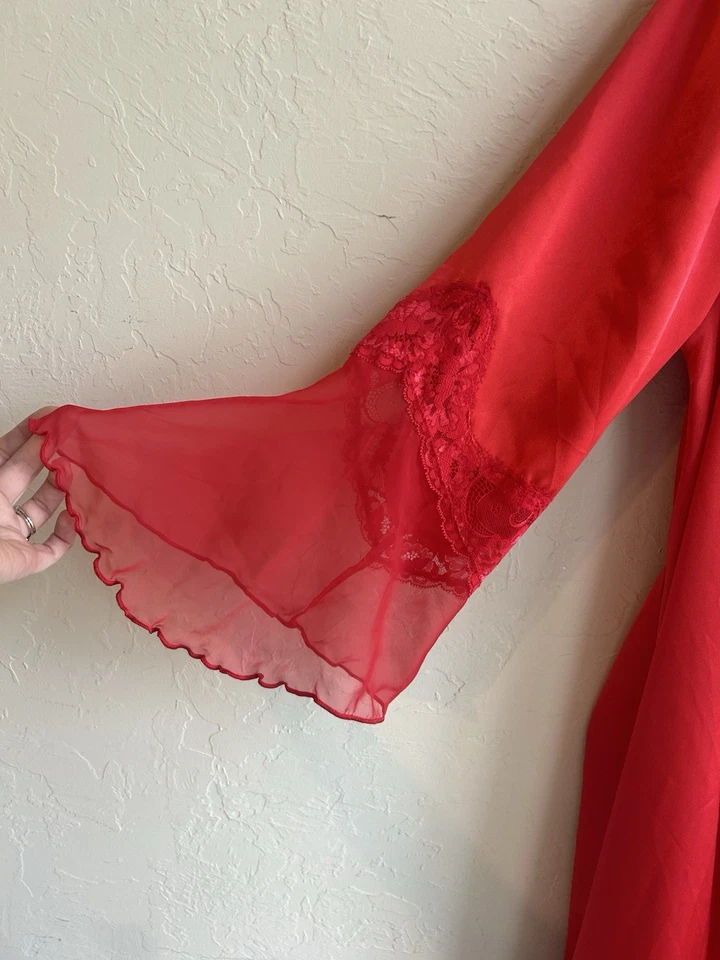 Vintage Intimate Attitudes Red Satin Maxi Robe Plus 3X 4X Sexy Vamp Bell Lace - Image 3 of 4