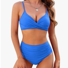 Zaful Blue Ruched High Waisted Twist Front Bikini Set Women's Swimsuit