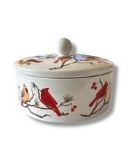 Temp-tations Round Dish With Lid Birch Wood Cardinal New In Box Holiday Seasonal