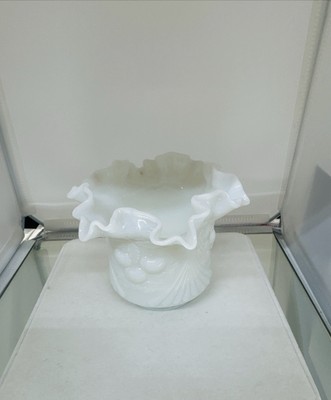 Vintage L. G. Wright White Milk Glass Wreathed Cherry Bowl w/ Riffled Edges