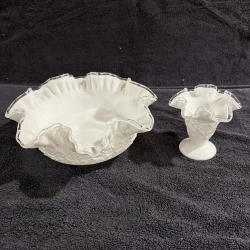 Fenton Silver Crest Spanish Lace Ruffled Bowl White Milk Glass 9 1/2" & Sm. Vase