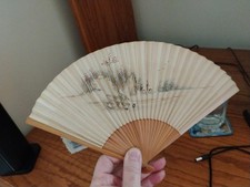 Antique Chinese Bamboo Fan 7.25 Long  12" at Widest Pretty Scene NICE READ