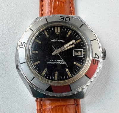 Vintage Vernal Shockproof Manual Watch Mens Cal P 75A Black Dial 17 Rubis