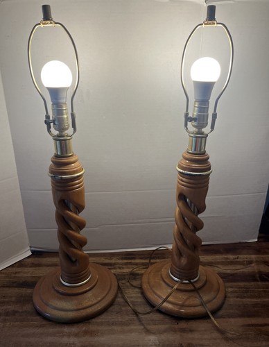 Vintage Mid Century Wooden Oak Spiral Table Lamp Wood Brass PAIR MCM Lamps - Picture 13 of 13