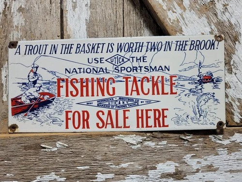 VINTAGE UTICA PORCELAIN SIGN OLD FISHING TACKLE LURES TROUT BASKET CREEK FISH