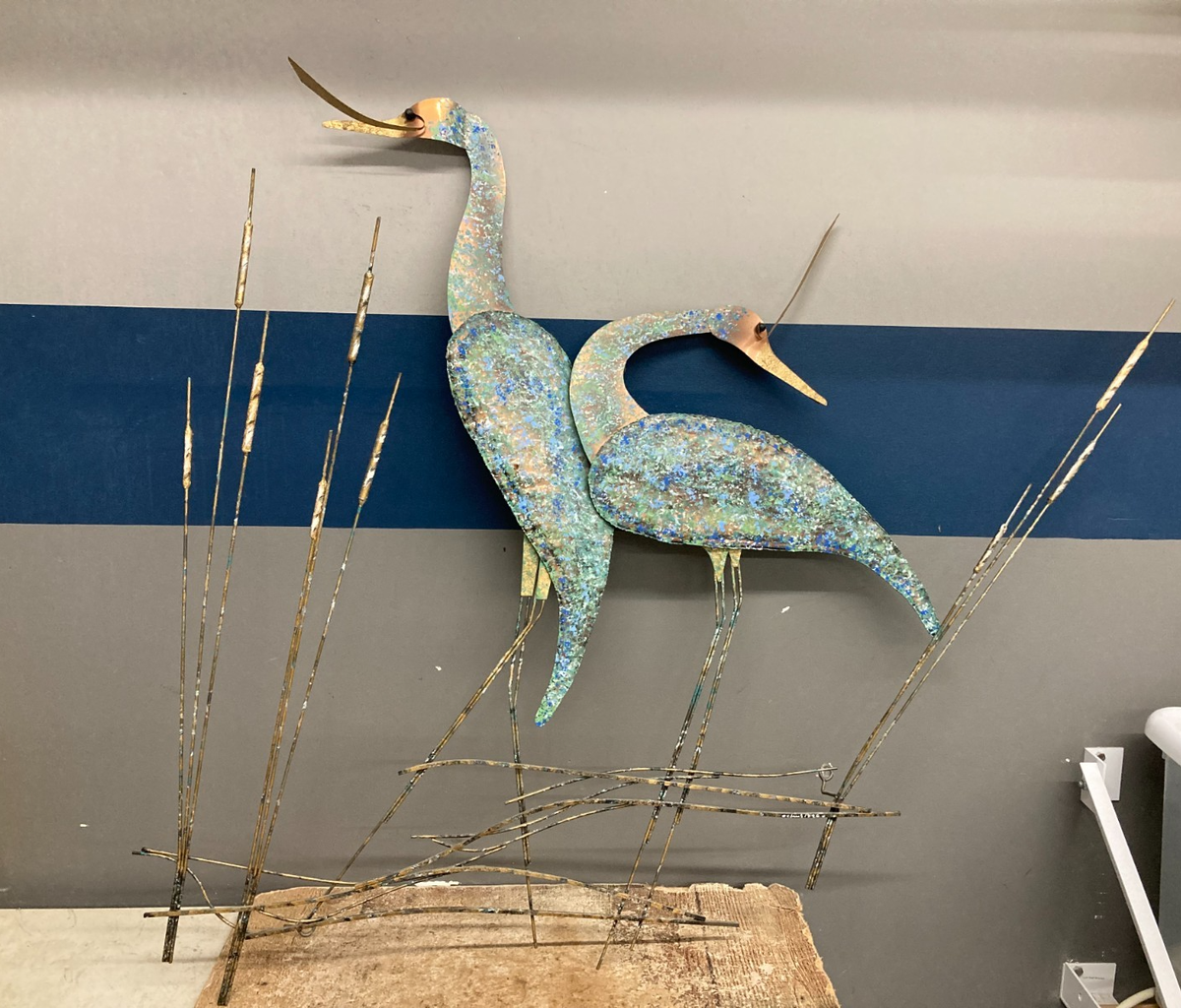 Curtis Jere Signed Blue Herons Cattail Brass Copper Wall Sculpture