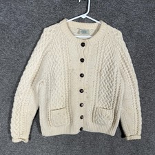 Blarney Woollen Mills Sweater Mens Large White 100 Wool Aran Handknit Cardigan