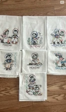 SET OF 7 VTG STYLE HAND EMBROIDERED COWBOY THEME FLOUR SACK TOWELS