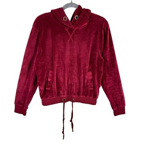 Mono B Red Hooded Plush Velour Long Sleeve Pullover Sweatshirt Pockets Size M