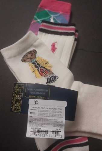 4-6x Girls Polo Ralph Lauren PINK Argyle POLO BEAR Crew Socks Size fits 10-13 - Picture 6 of 6