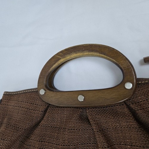 Fossil Brown Woven Raffia MCM Fabric Print Magnetic Snap Wood Handle Handbag Vtg - Picture 4 of 12