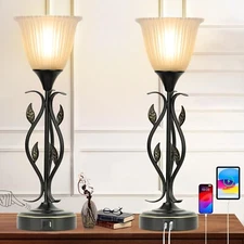 Bedside Table Lamps Set of 2, Torchiere Nightstand Lamps with Dual USB Chargi...