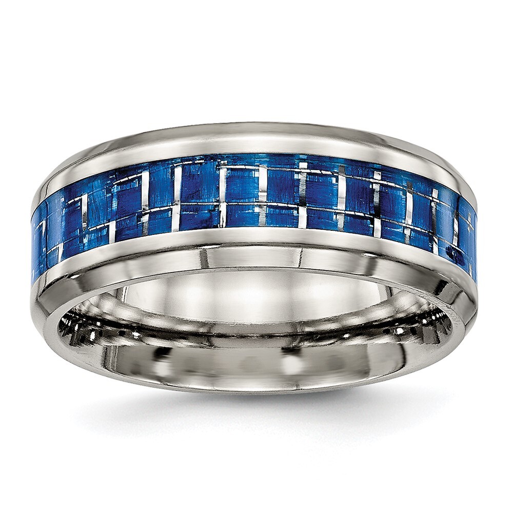 Titanium Polished with Blue and White Carbon Fiber Inlay 8mm Band Ring Size 9