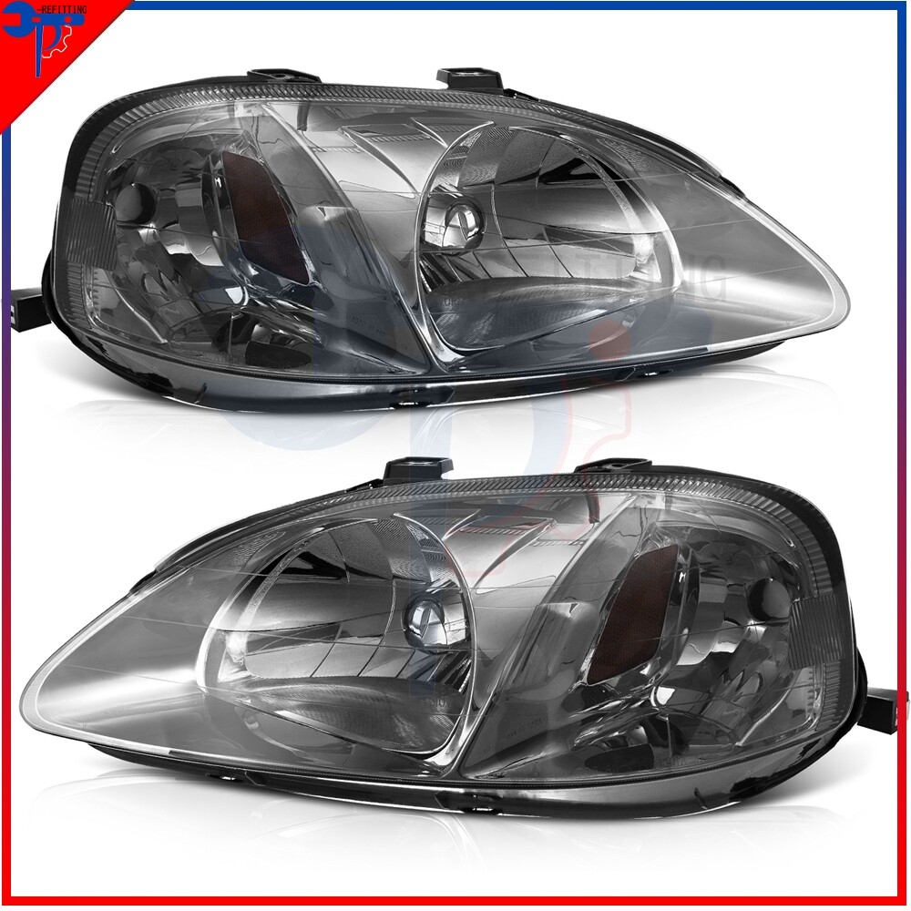 Black Headlight Assembly Left+Right for 1999-2000 Honda Civic