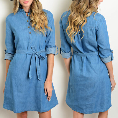white christmas dresses Belted Denim Shirtdress main image 1