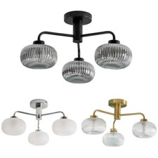 3 Way Ceiling Light Fitting IP44 Bathroom Living Room Lights Ribbed Glass Shades