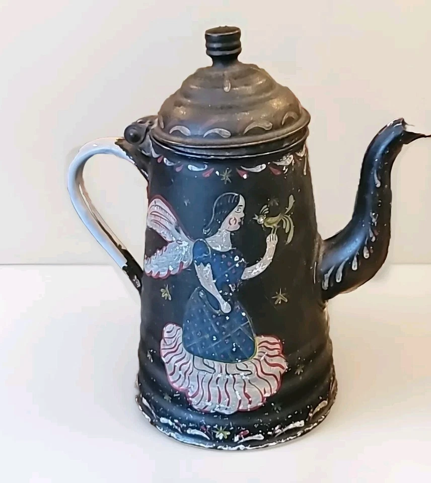 ANTIGUA Primitiva Toleware Pintada Ángeles Cafetera Paloma Tulipán Arpa Firmada RARA Foto 2 de 4