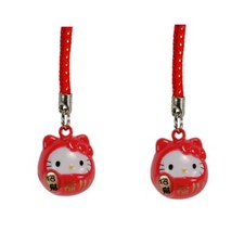CONJUNTO DE 2 DIJES DE CAMPANA DE LATÓN HELLO KITTY Correa roja para teléfono celular Lucky Fortune Daruma