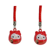SET OF 2 HELLO KITTY BRASS BELL CHARM Lucky Fortune Daruma Red Cell Phone Strap