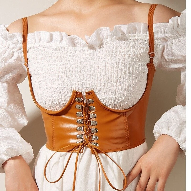 Women Faux Leather Wide Corset Belt Retro Under Bust Waist Cincher Gothic  Punk