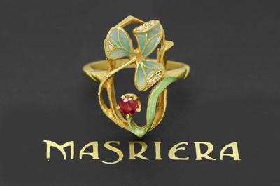 Authentic Masriera 18k Gold Ring 750 Flower Ruby Diamond Enamel Luxury Jewelry