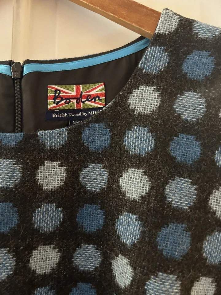 Vestido British Boden Años 60 Azul Teal Lunares Lana Tweed Moon Shift Reino Unido 18 EE. UU. 14 Foto 2 de 4