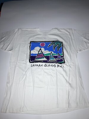 Men's Vintage Bye Bye 1989 Cayman Islands Single Stitch Art White Shirt Size XXL