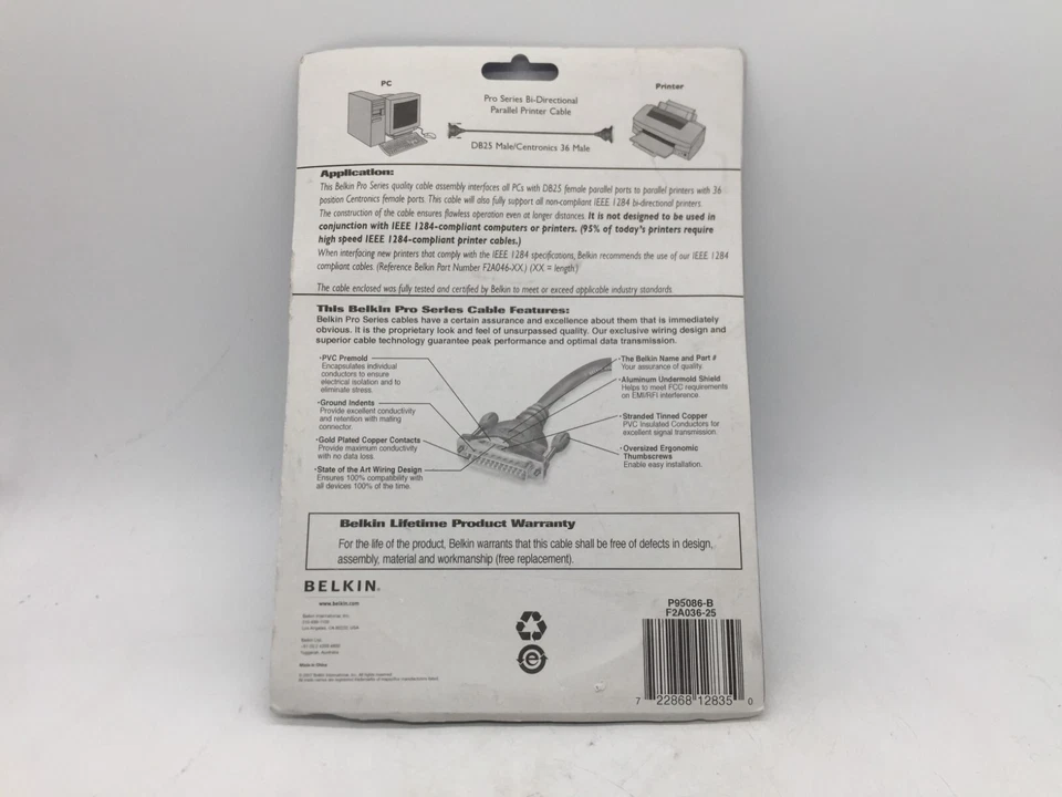 NEW Belkin F2A036-25 Bi-Directional DB25 Printer Parallel Cable FREE S/H - Image 3 of 3